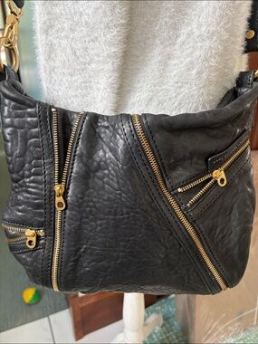 Marc Jacobs crossbody bag  black leather  brass hardware  faux zippers decor EUC